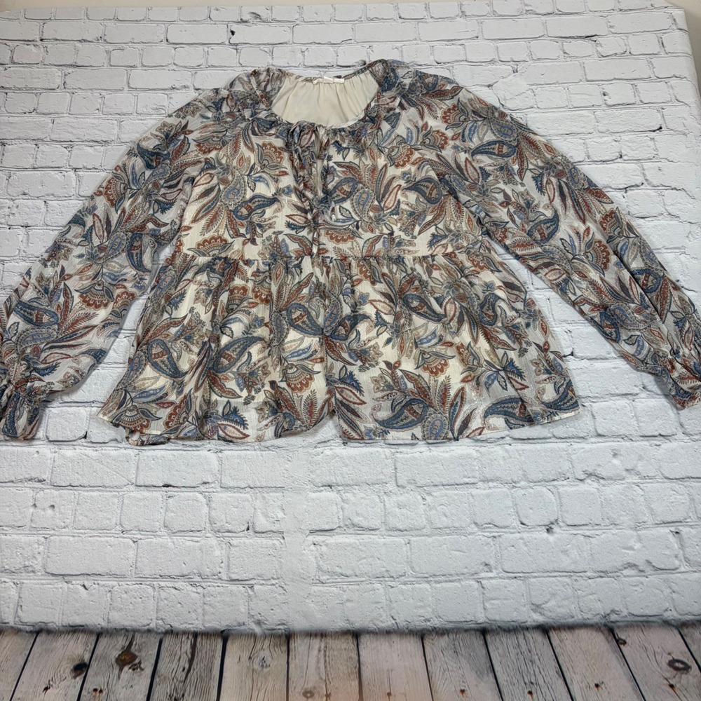 Blu Pepper Womens Paisley Metallic Chiffon Babydoll Blouse BIST1197 Rust Navy S